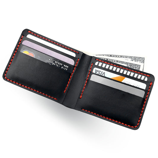 Handmade Black Bifold Leather Wallet Filled