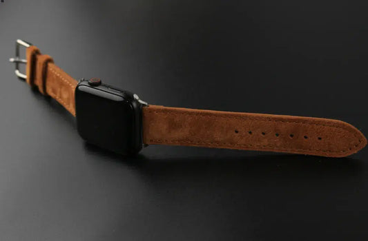 Display of Brown Suede Leather Apple Watch Band