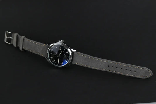 Display of watch with Grey Suede Leather Watch Strap