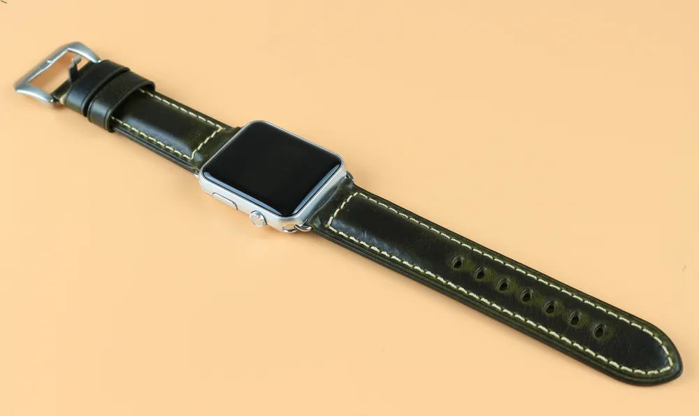 Display of Green Waxed Leather Apple Watch Band