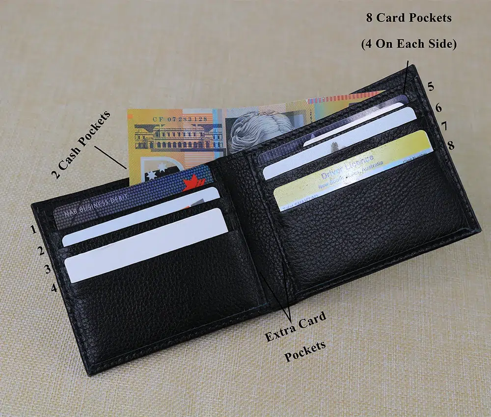 Display of Mens Bifold Wallet Black Pebbled Leather