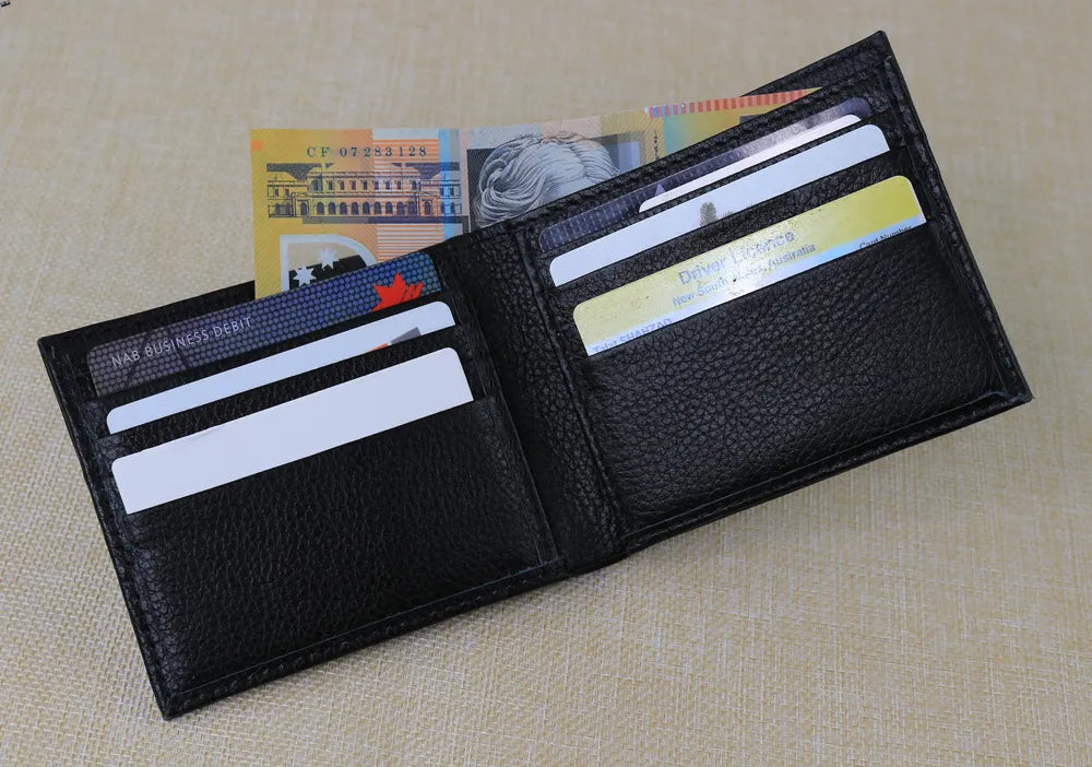 Mens Bifold Wallet Black Pebbled Leather