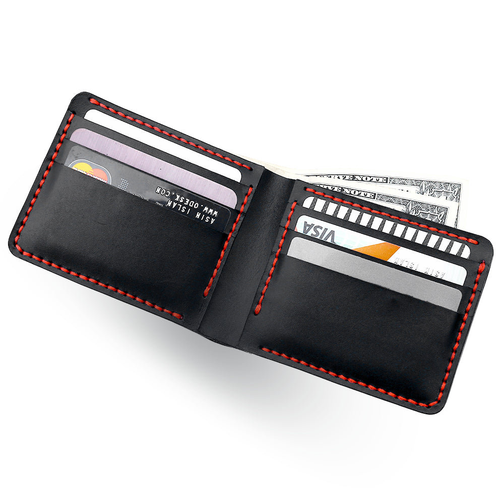 Handmade Black Bifold Leather Wallet Filled