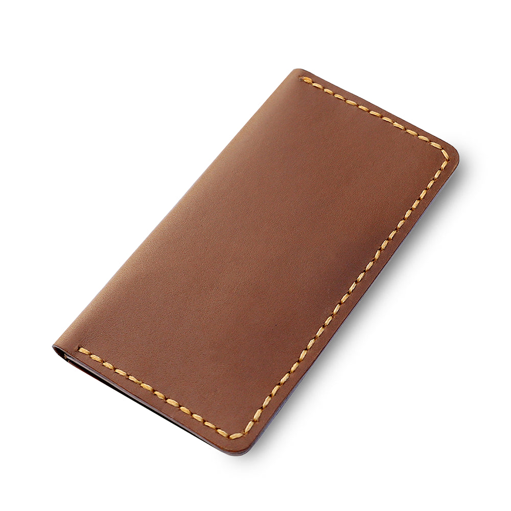 Brown Long bifold vertical handmade leather wallet for Men to wear with coat