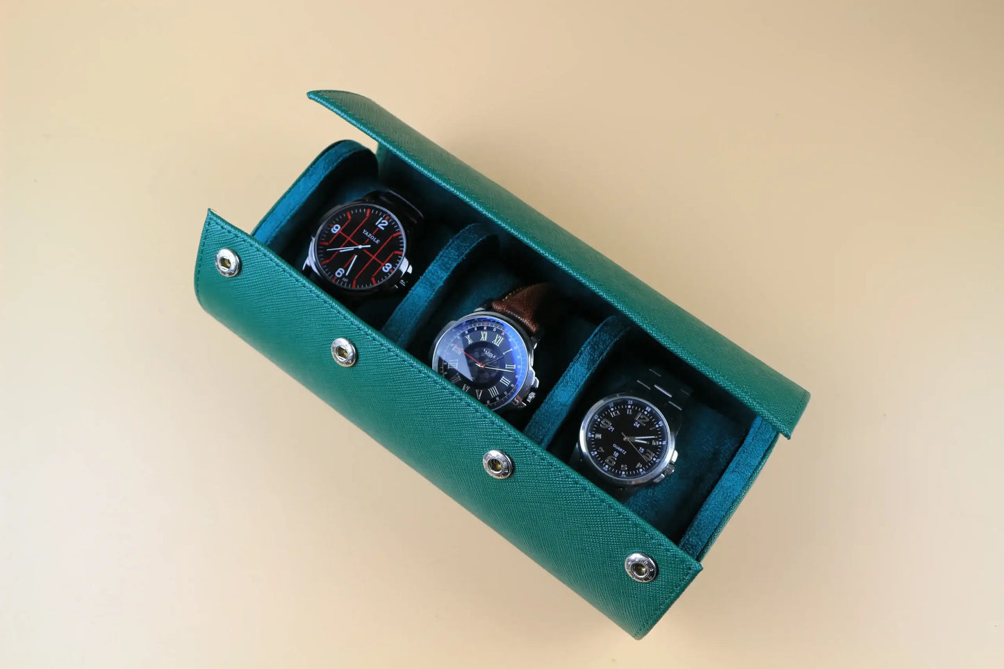 Green Saffiano Leather Watch Roll - 3 Watches