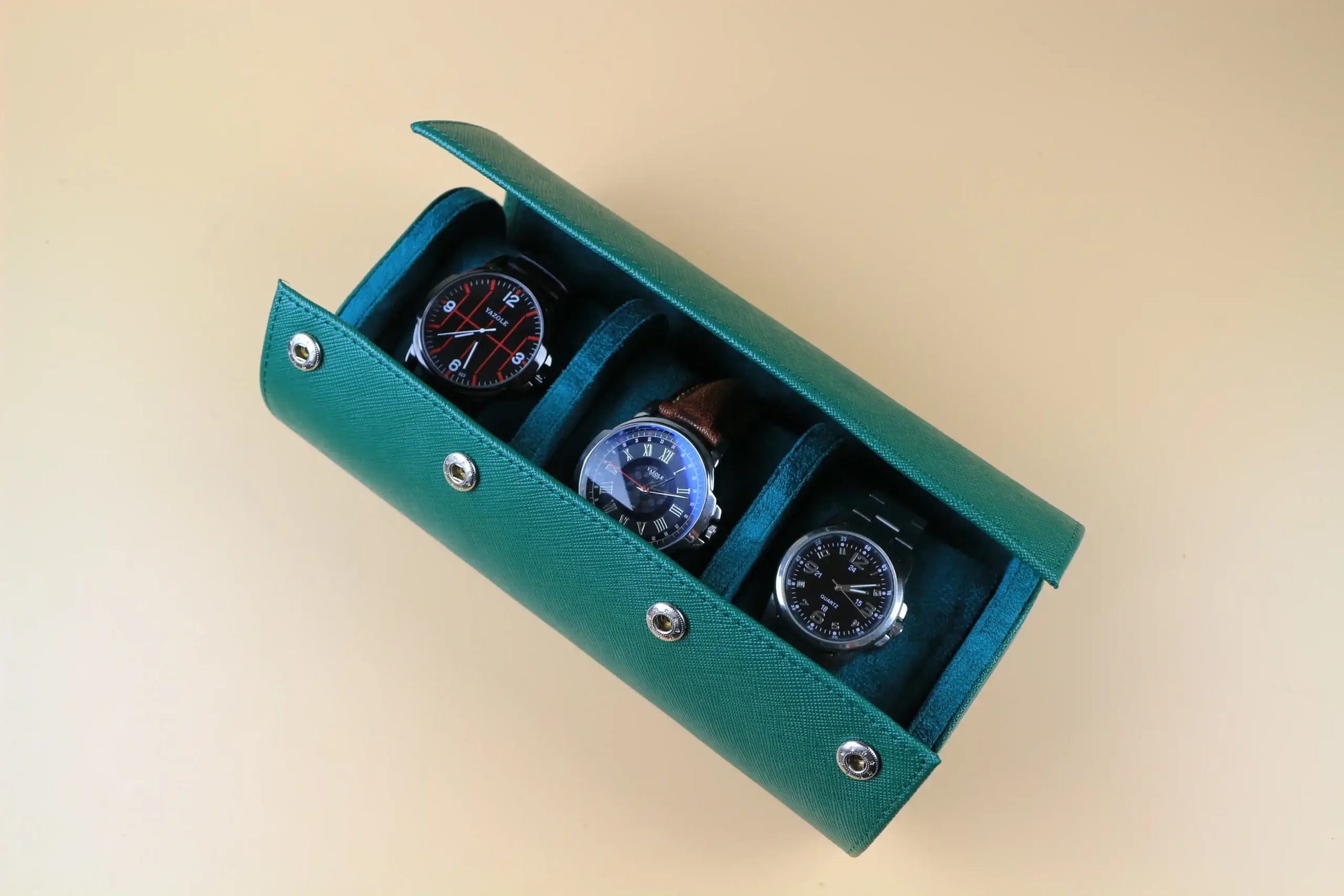 Green Saffiano Leather Watch Roll - 3 Watches