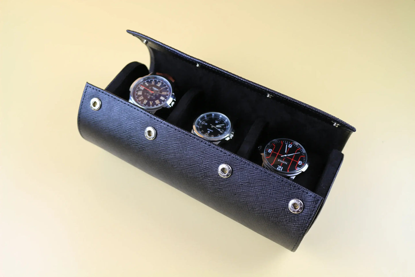 Black Saffiano Leather Watch Roll - 3 Watches 3