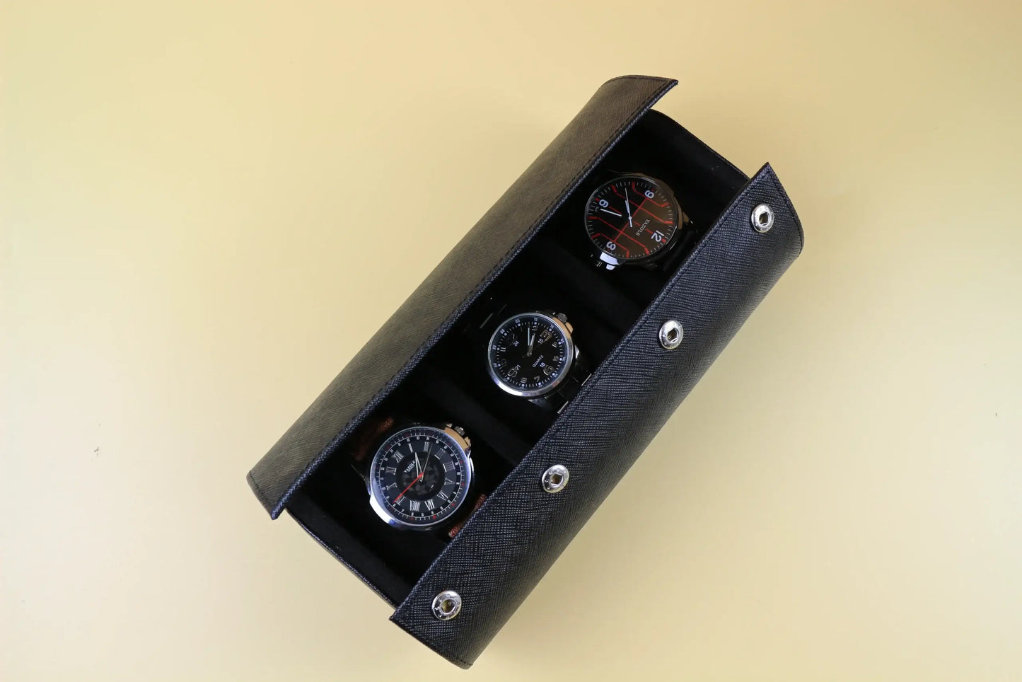 Black Saffiano Leather Watch Roll - 3 Watches