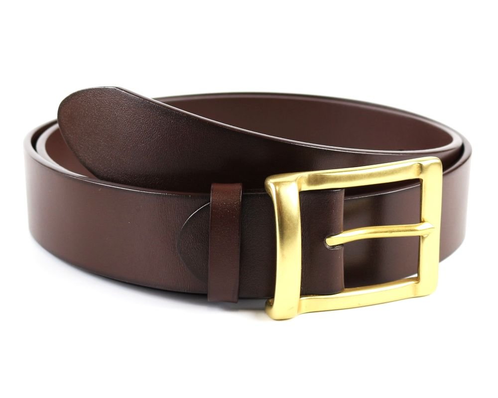 Brown Leather Belt with Brass Gold Buckle made by TASCONY