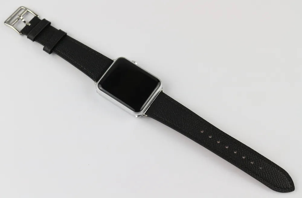 Display of Black Epsom Leather Apple Watch Band