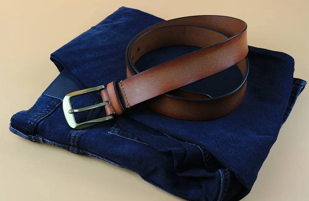 Personalised Brown Leather Belt for Men with jeans