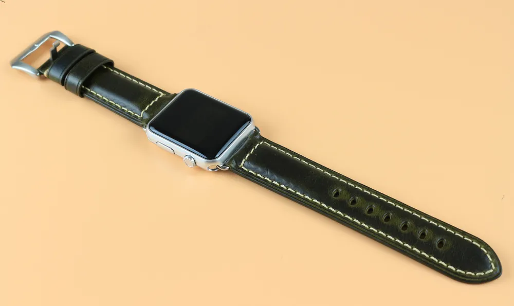 Display of Green Waxed Leather Apple Watch Band
