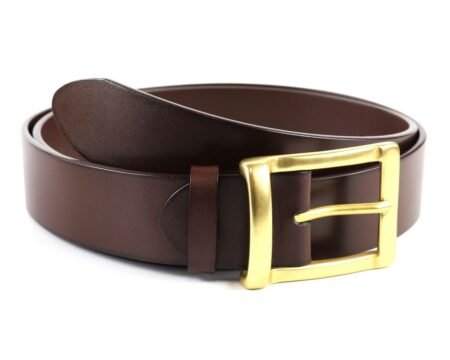 Brown Leather Belt with Brass Gold Buckle made by TASCONY