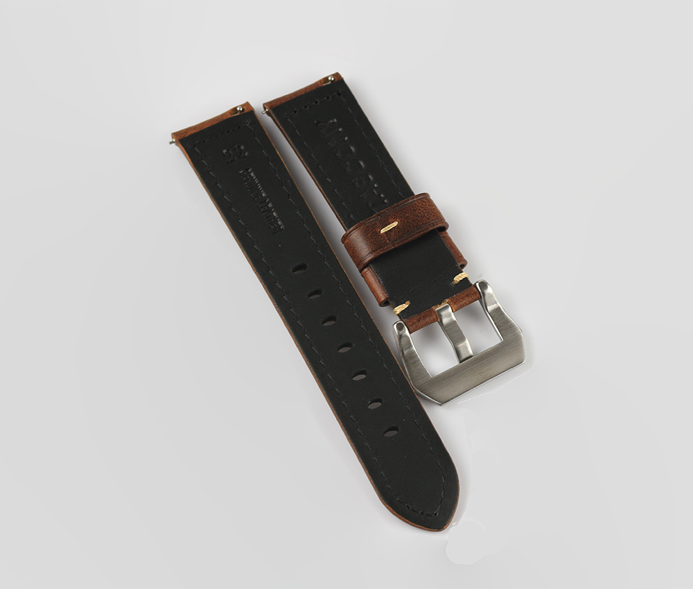 Back side of Brown Waxed Leather Watch Strap to show quick release spring bar