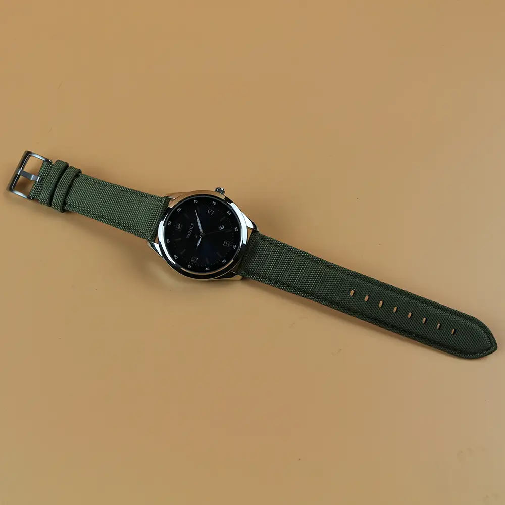 Green Sailcloth Watch Strap Attatched to Dial